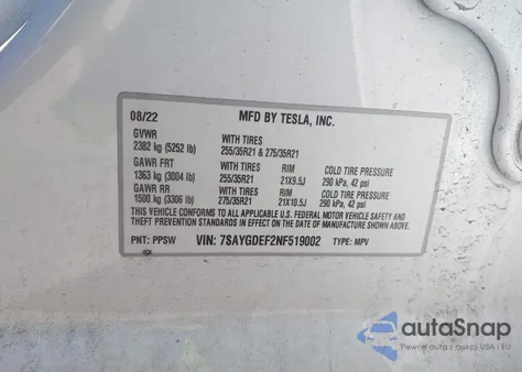 2022 Tesla Model Y Performance Dual Motor All-Wheel Drive z USA, uszkodzony, nr VIN 7SAYGDEF2NF519002